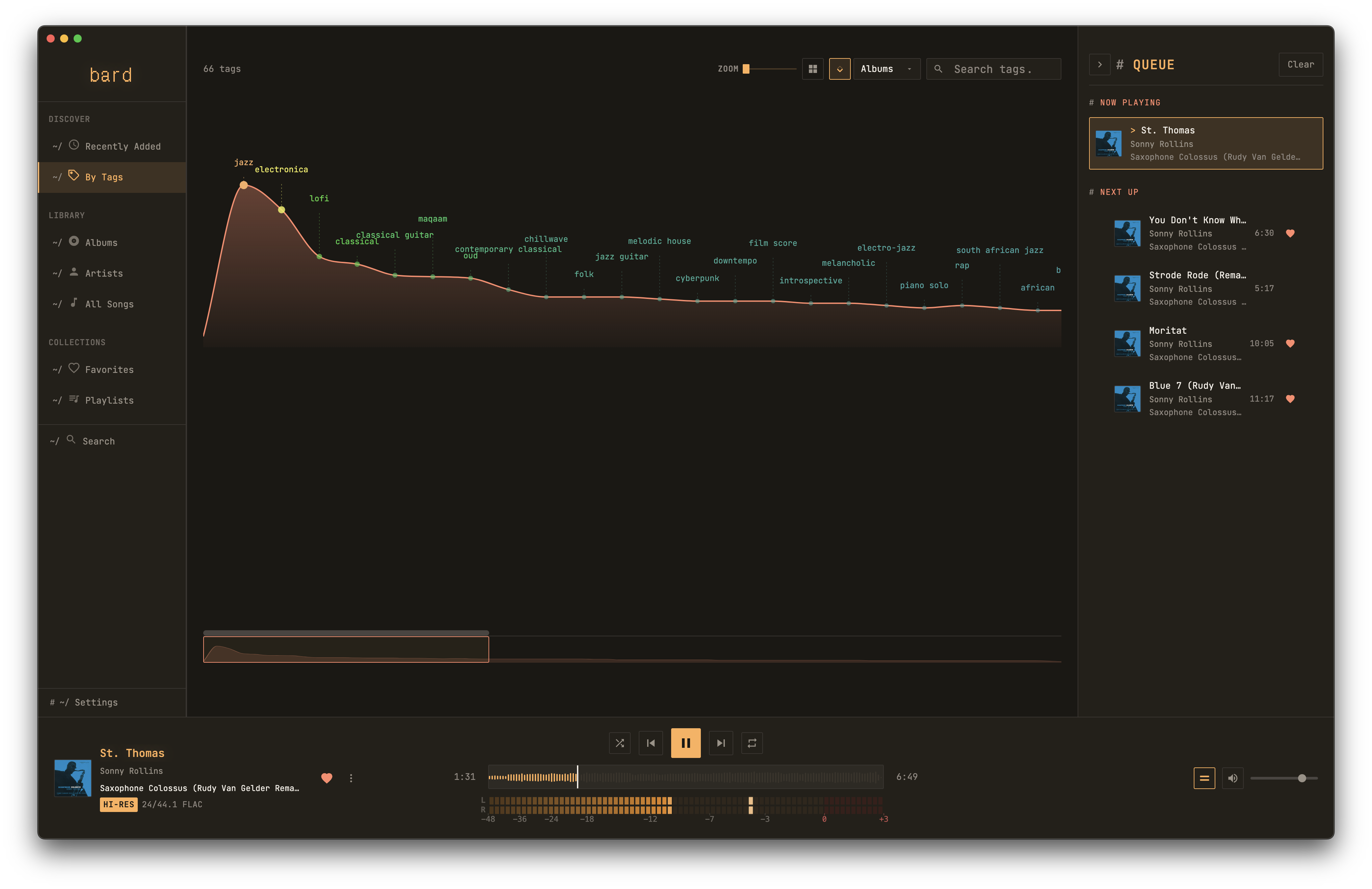 Tags terrain view showing library organized by genre and mood
