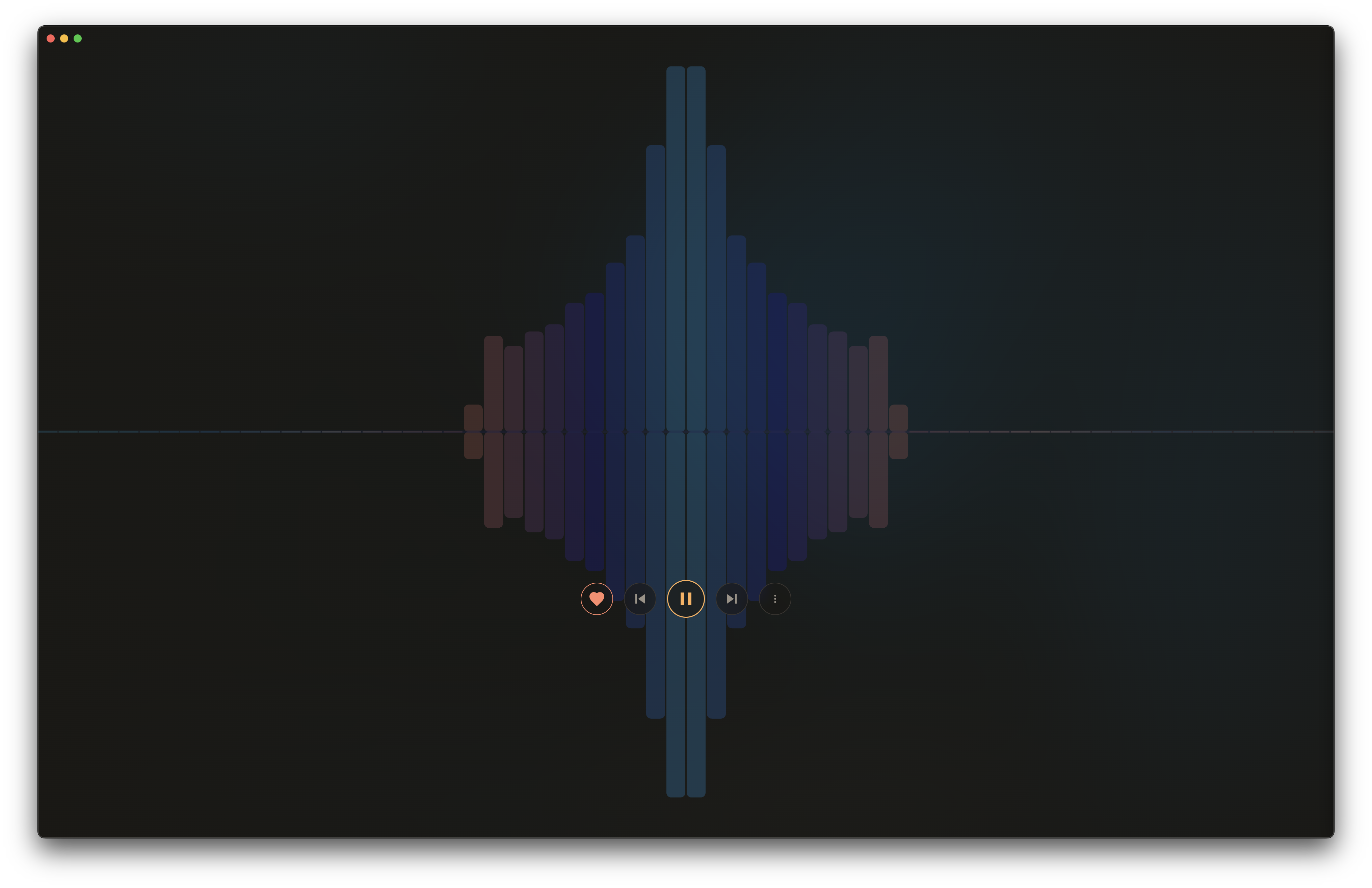 Mirrored bars visualizer with playback controls and colorized waveform