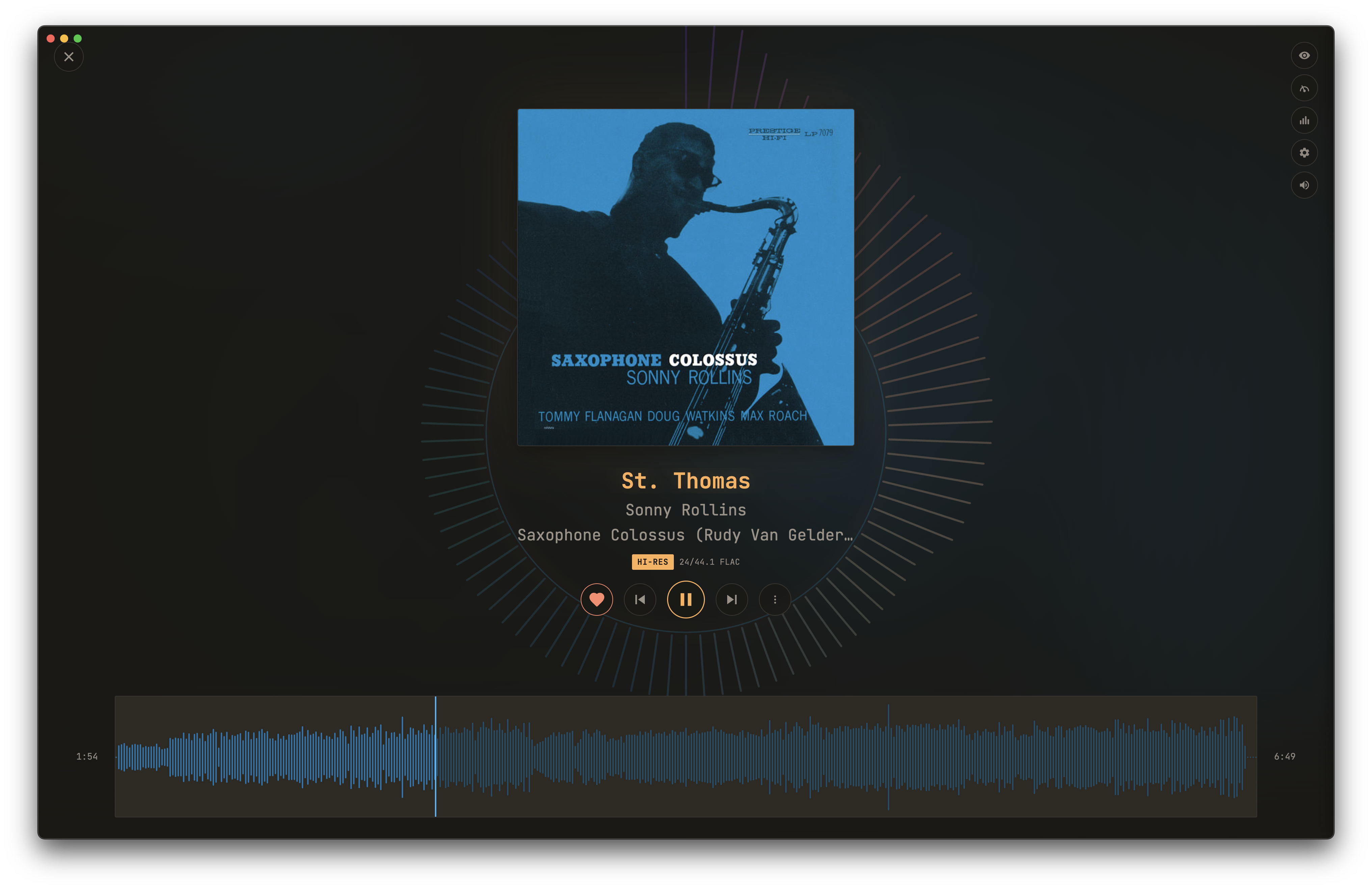 Now Playing with album art, circular visualizer, and waveform display